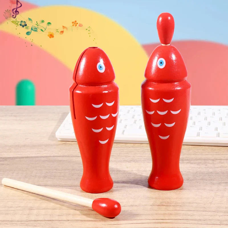 Red wooden fish orff percussion instrument with white scale patterns and blue eyes two tone woodblocker for beginners