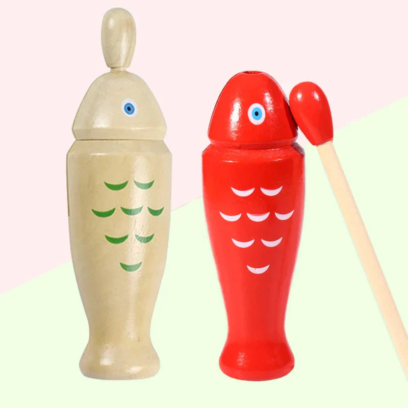 Two wooden fish orff percussion instruments in natural wood and bright red with two tone woodblocker design for beginners