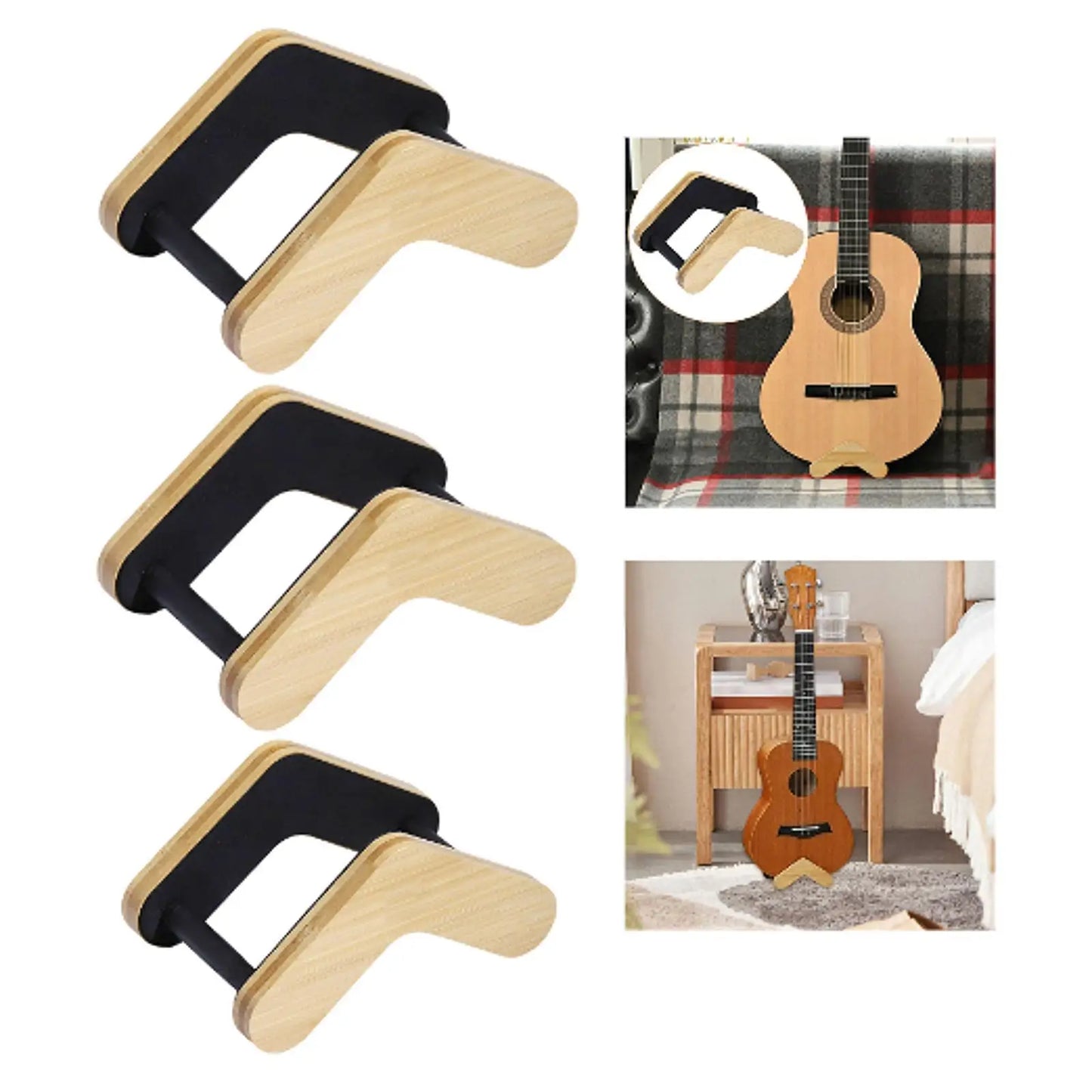 Light wood and black plastic wooden guitar stand with adjustable width stable design for home use stable guitar holder