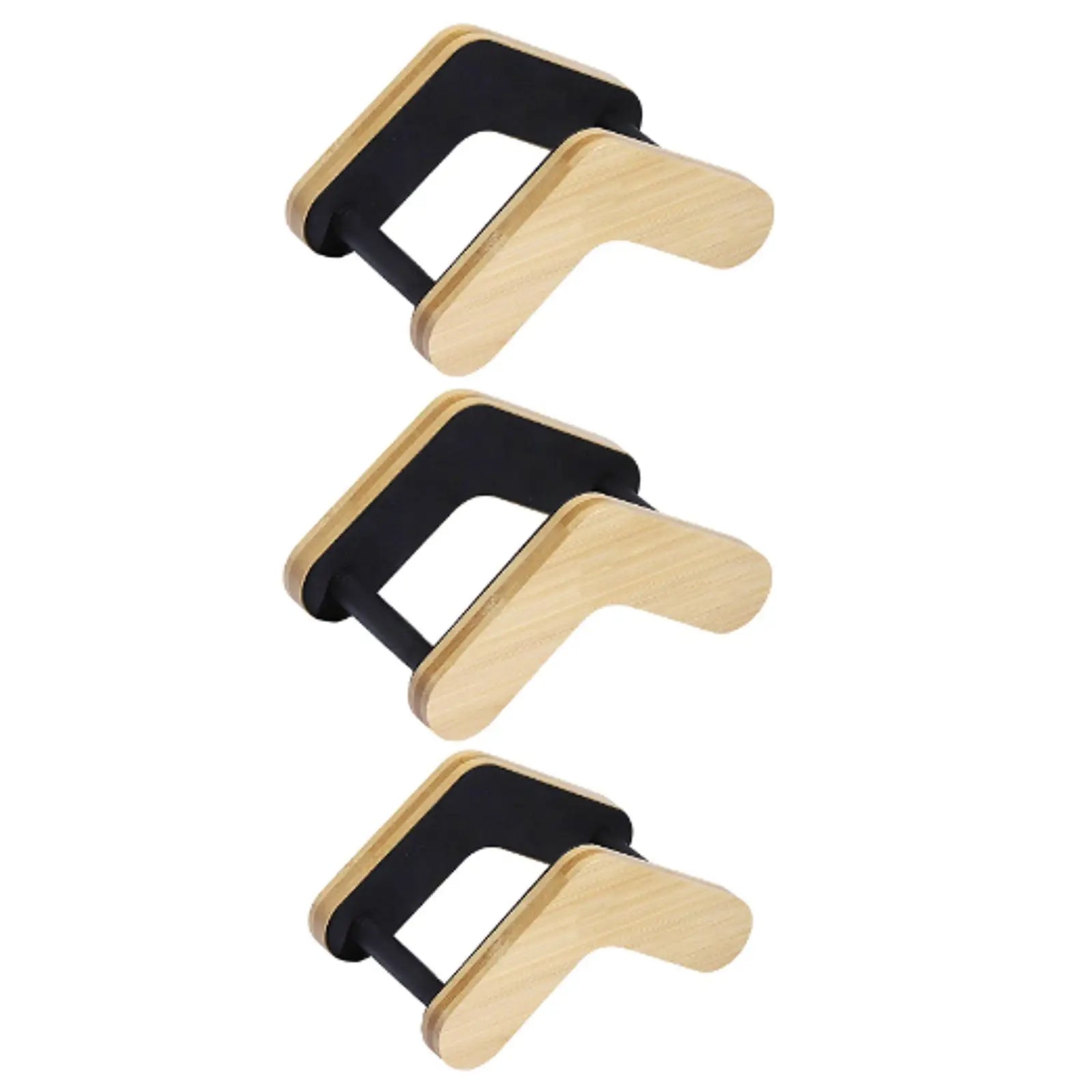 Set of three minimalist wooden and black metal wall-mounted shoe organizers shown beside a wooden guitar stand adjustable width stable guitar holder