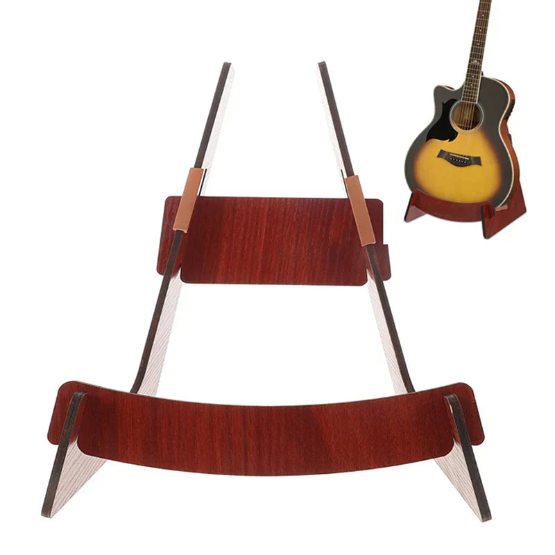 Red wooden guitar stand with black metal accents floor display holder for ukulele mandolin bass and acoustic electric guitars