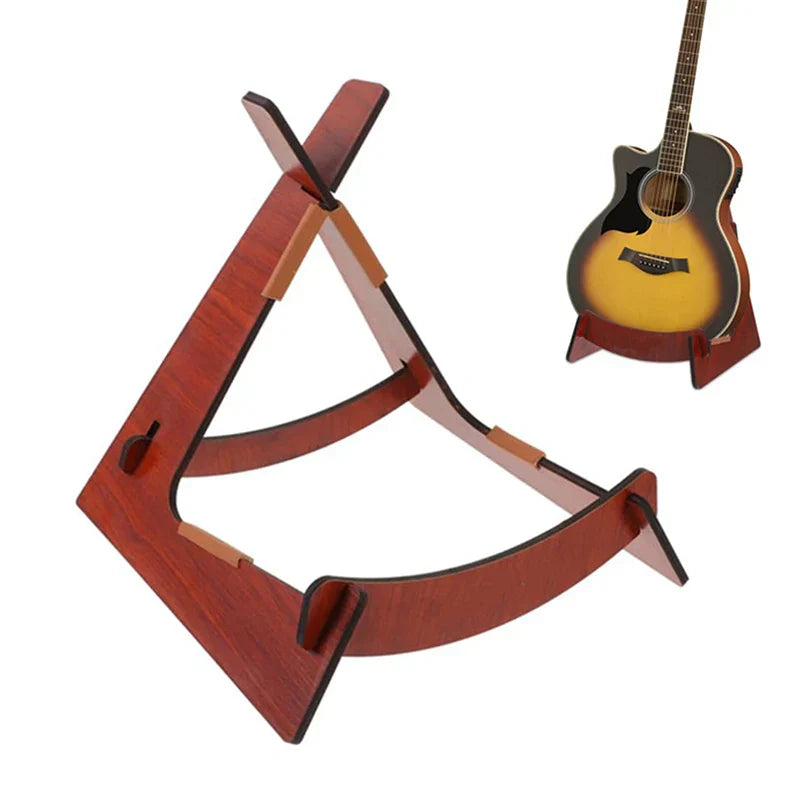 Red wooden guitar stand with sleek triangular design and black accents for acoustic and electric ukulele mandolin bass floor display holder