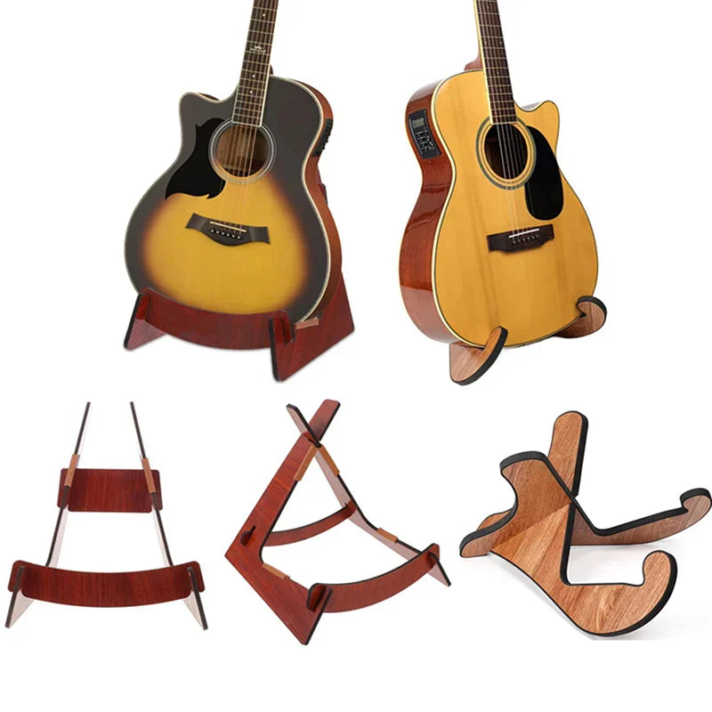 Wooden guitar stand with rich reddish brown finish and minimalist design as a floor display holder for ukulele mandolin bass