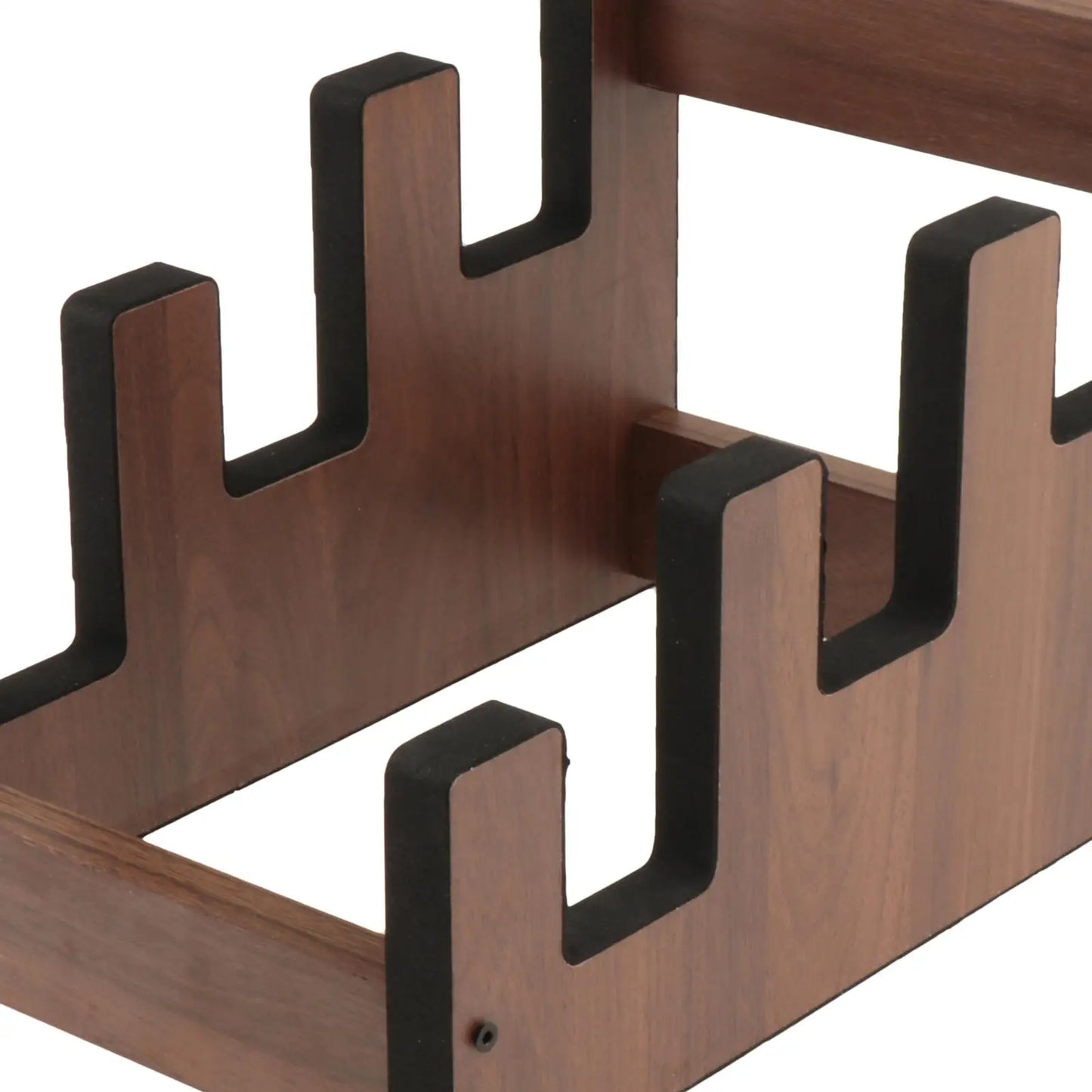 Brown wooden guitar stand with black accents for acoustic electric guitars display rack and storage in home or studio