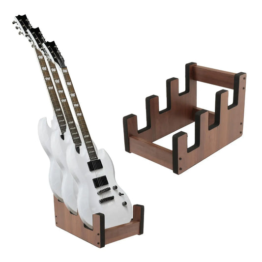 White electric guitar with black hardware displayed on a wooden guitar stand for acoustic electric guitars display rack