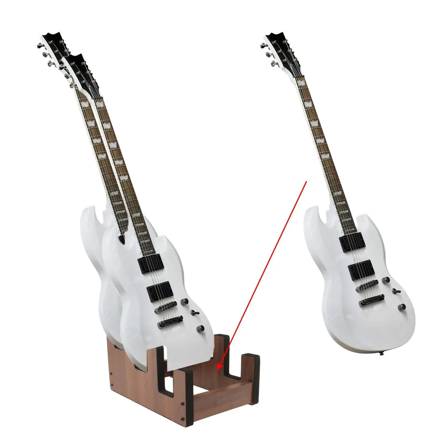 White electric guitar with black hardware displayed on a wooden guitar stand for acoustic electric guitars display rack