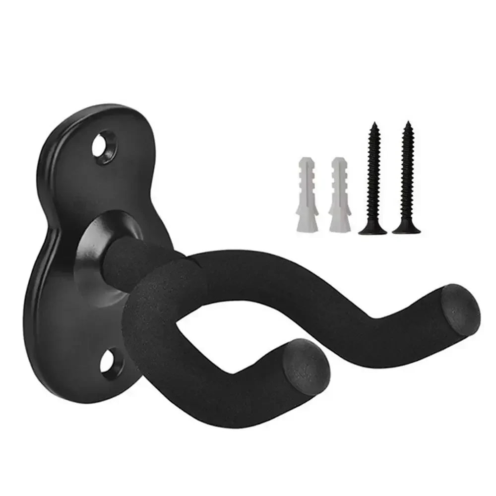 Black wooden guitar wall mount hanger heavy duty with padded curved arms and flat mounting plate for acoustic and electric guitars
