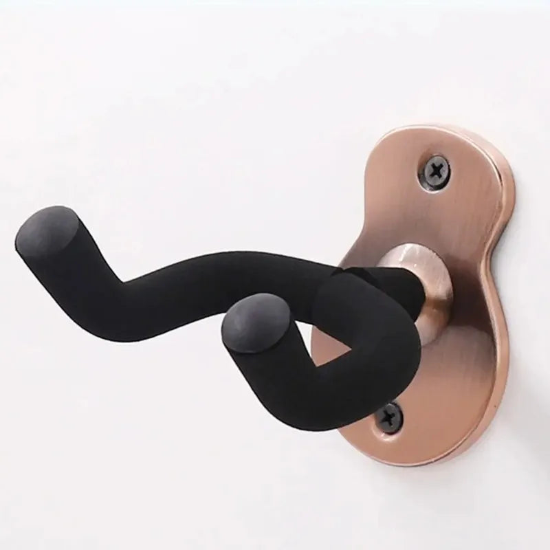 Copper-toned wooden guitar wall hanger heavy duty with black rubberized arms for acoustic and electric guitar storage