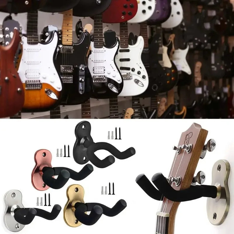 Wooden guitar wall mount hanger heavy duty with black rubber grip and metallic plate in silver rose gold or brass finish