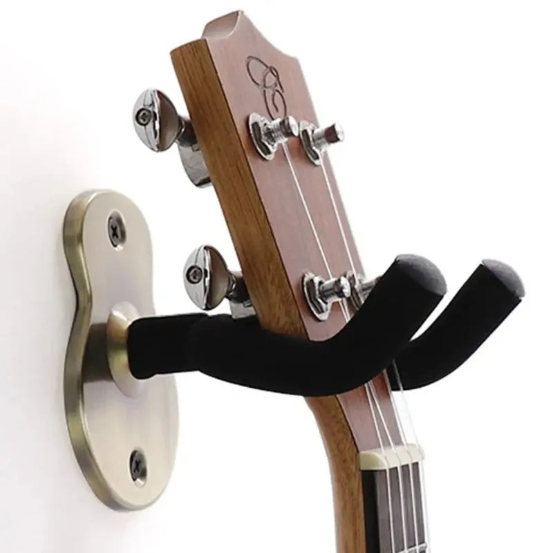 Wooden guitar wall mount hanger heavy duty with brushed metal plate and black padded arms for ukulele neck storage