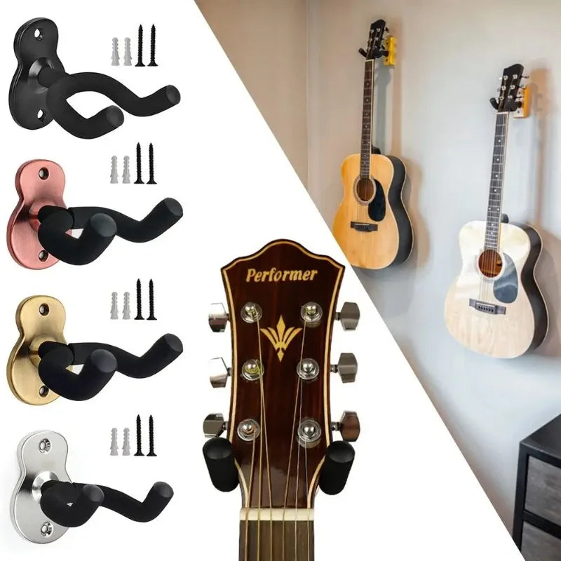 Set of four wooden guitar wall mount hangers heavy duty with black, rose gold, brass, and silver rubberized grips