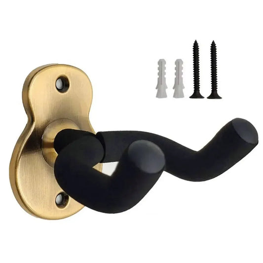Gold-finished wooden guitar wall mount hanger heavy duty with black rubberized arms for acoustic and electric guitars