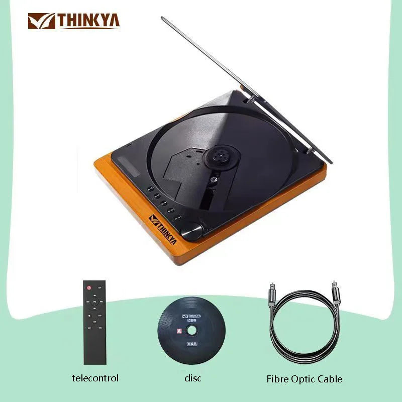 Thinkya wooden HIFI CD player with black and orange design featuring integrated turntable infrared remote control usb lossless playback digital optical output