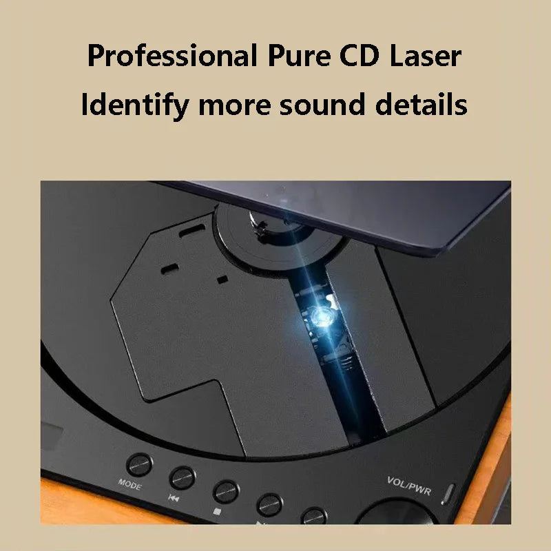 Black wooden hifi cd player with glowing blue laser beam featuring infrared remote control digital optical output usb lossless playback