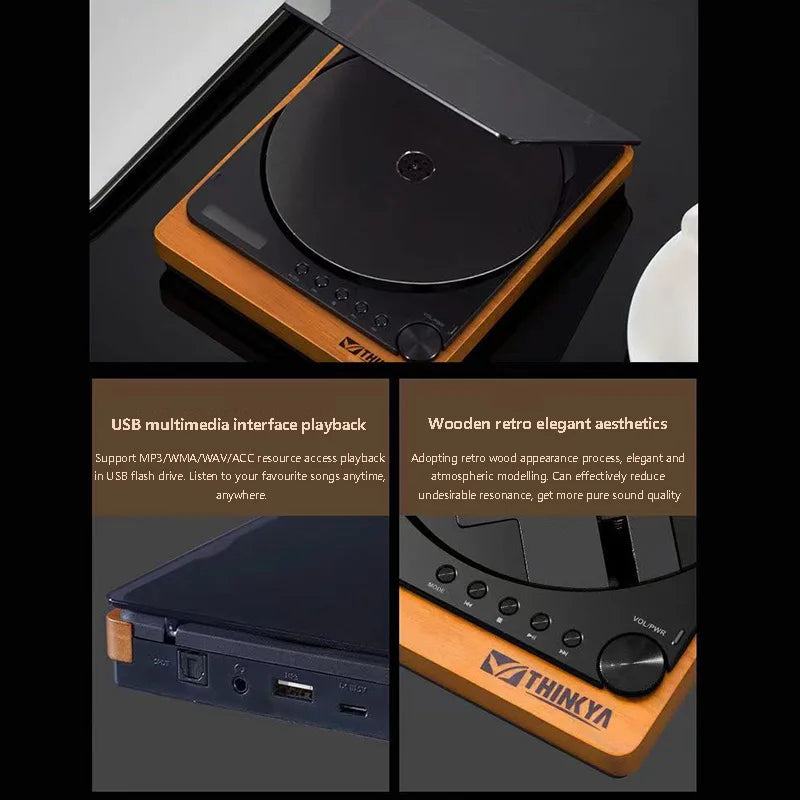 Thinkya wooden HIFI CD player with black disc tray and orange accents featuring infrared remote control digital optical output and USB lossless playback