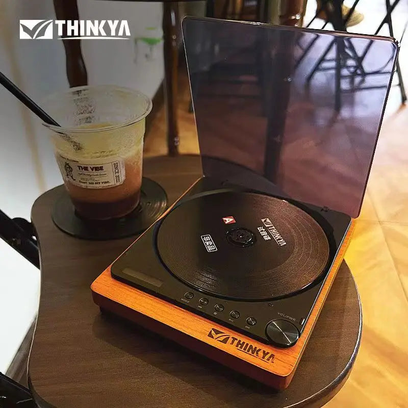 Thinkya portable record player with wooden base, black vinyl, usb lossless playback, digital optical output, infrared remote control