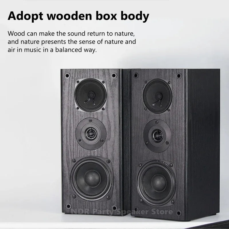 Dark wood-finished bookshelf passive speakers with three-driver design for quality heavy subwoofer home theater use