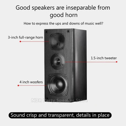 Black wooden bookshelf passive speakers with 3-inch full-range horn and 4-inch woofers for subwoofer home theater