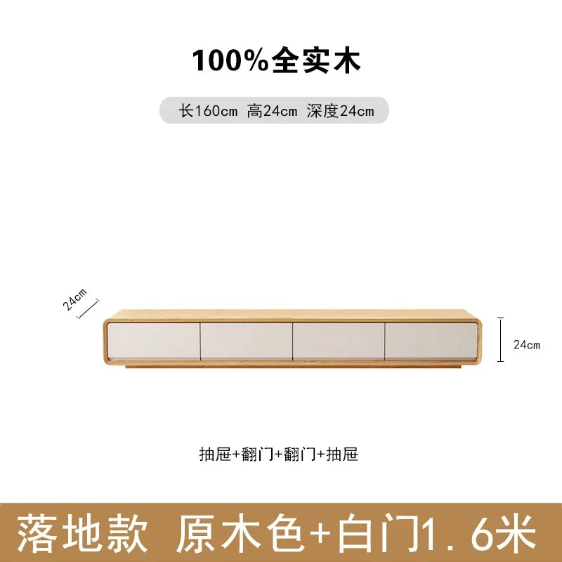 Minimalist 1.6m solid wood tv console with natural light brown finish and white doors for nordic accent luxury decor