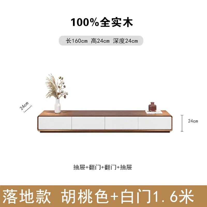 A modern minimalist wooden long tv table with walnut top and white doors featuring nordic accent luxury decoration