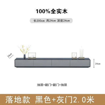 A sleek black and gray wooden media console 2 meters long with four storage compartments for nordic accent luxury decor