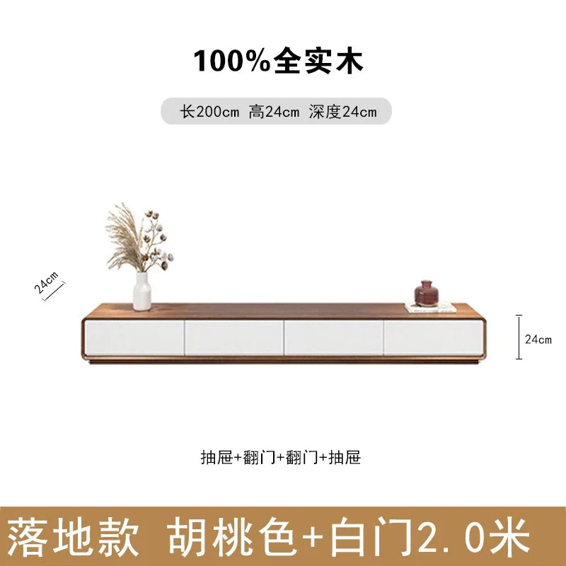 Modern minimalist wooden long tv table with walnut top white doors made of 100% solid wood for accent luxury decoration