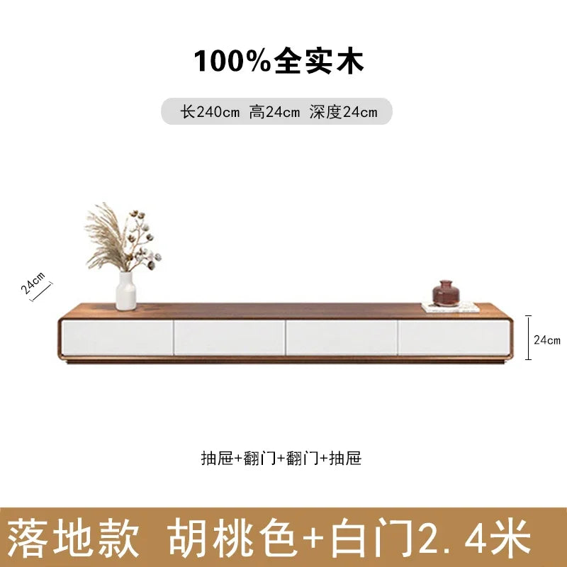 A modern 2.4 meter long walnut wood tv console with white drawers featuring nordic accent luxury for contemporary rooms