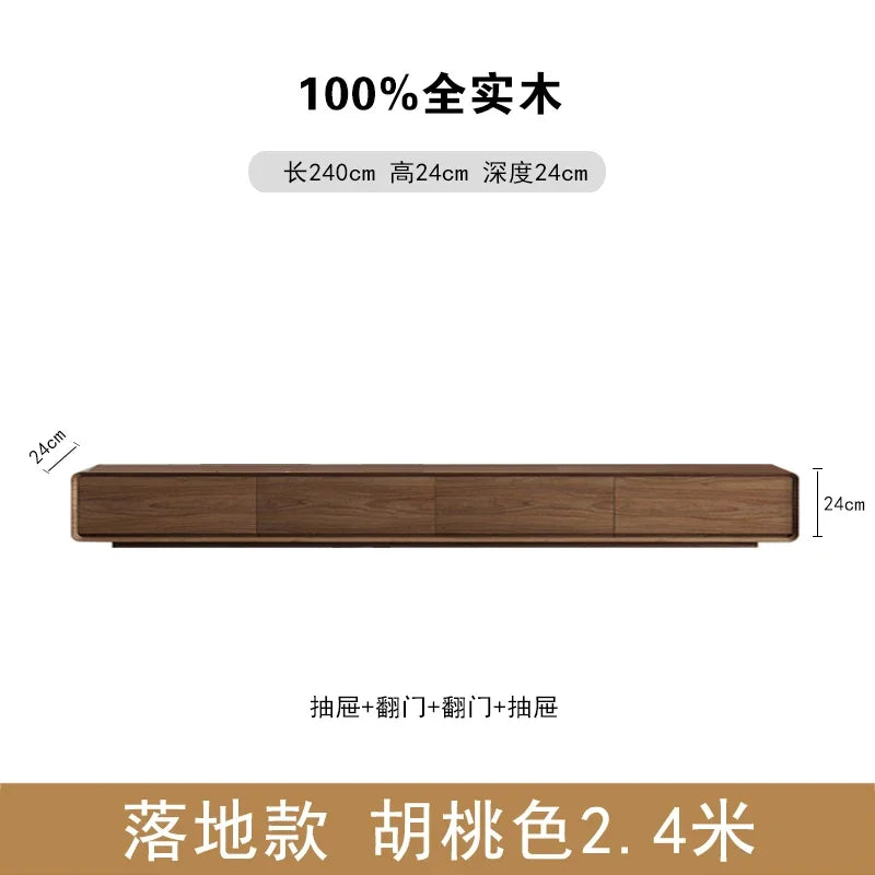 A sleek solid wood media console with warm walnut finish and four drawers for modern interior archivadores room decoration
