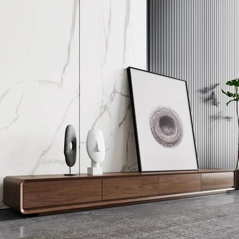 Modern minimalist wooden long tv table with sleek rounded edges and three drawers for nordic accent luxury archivadores room decorations
