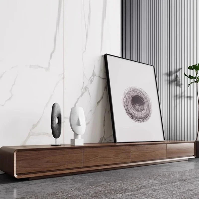 Modern minimalist wooden media console in dark brown with integrated drawers for nordic accent luxury interior archivadores room
