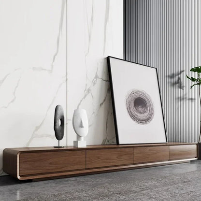 Modern minimalist wooden long tv table with sleek rounded edges and three drawers for interior archivadores room decor