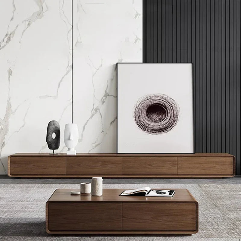 Modern minimalist wooden media console with clean lines and warm brown finish for nordic accent luxury interior archivadores room