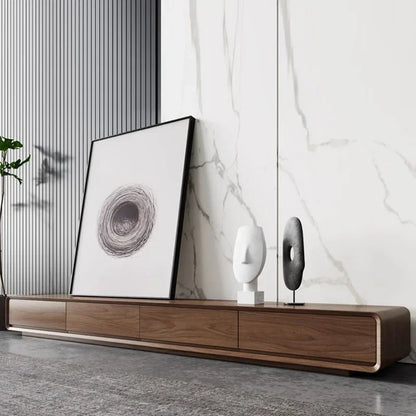 Modern minimalist wooden long tv table with sleek matte drawers in warm brown tone for nordic accent luxury rooms