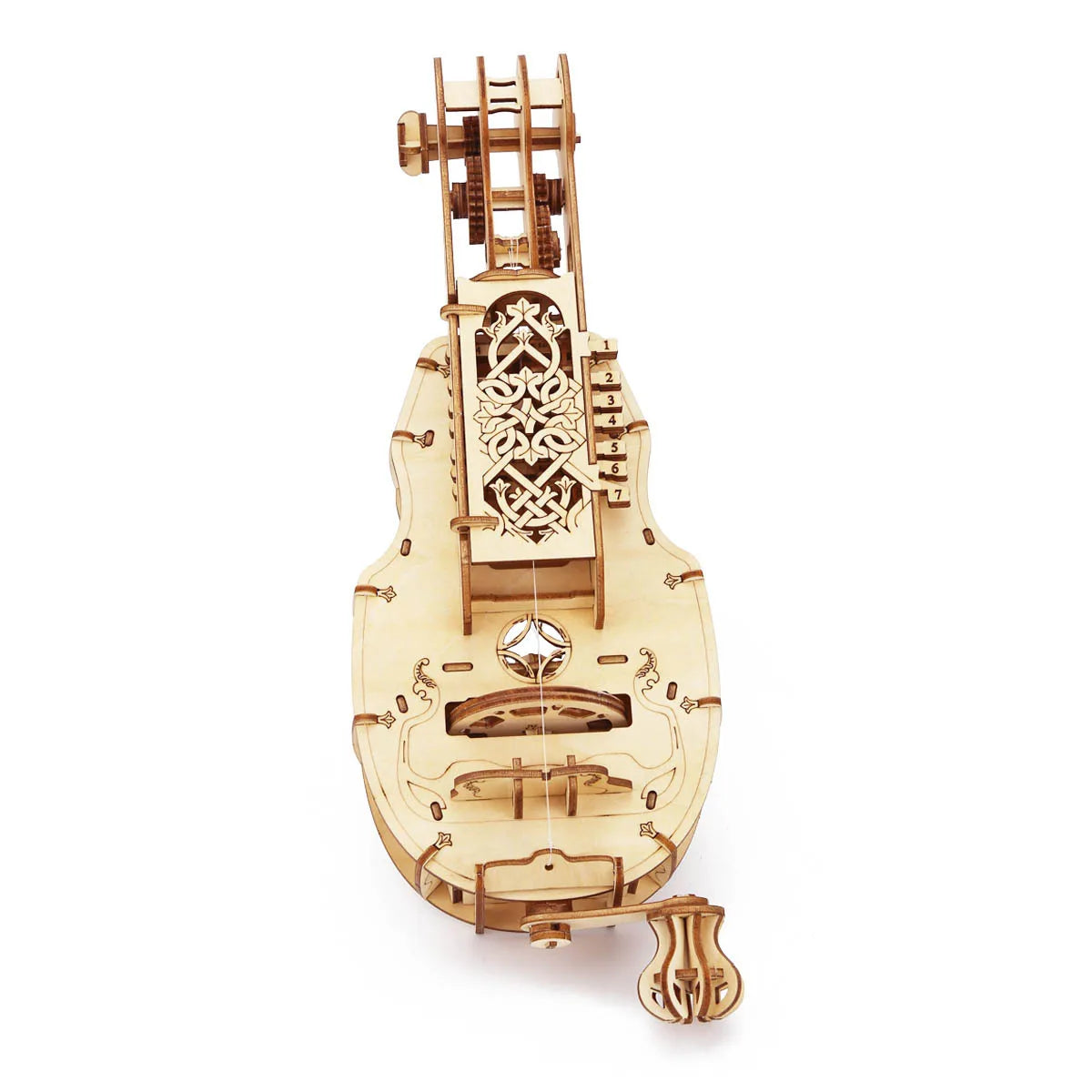 Intricately designed wooden mechanical transmission assembly toy handcrafted from light wood, musical instrument gift with gears