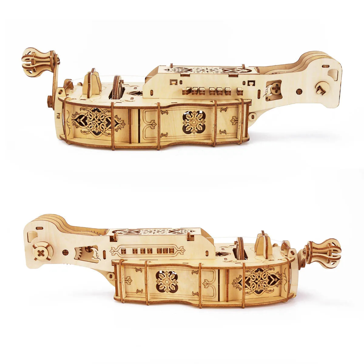 Intricately carved wooden mechanical transmission model of a vintage steamboat assembly toy handcrafted musical instrument gift