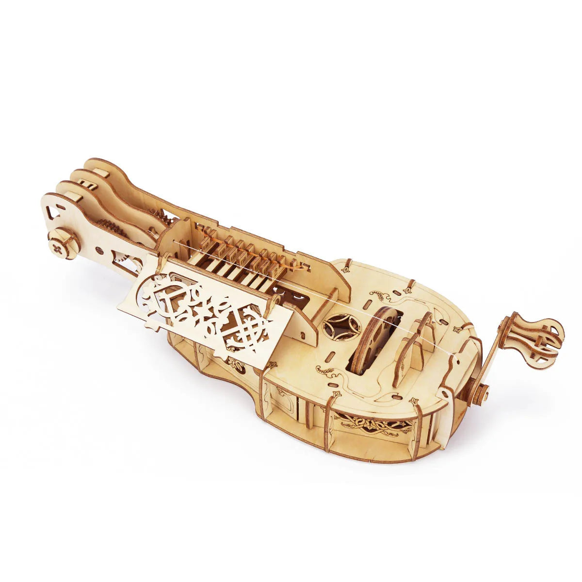 Intricately designed wooden mechanical transmission violin model with detailed cutouts and hand-crank assembly toy handcrafted musical instrument gift