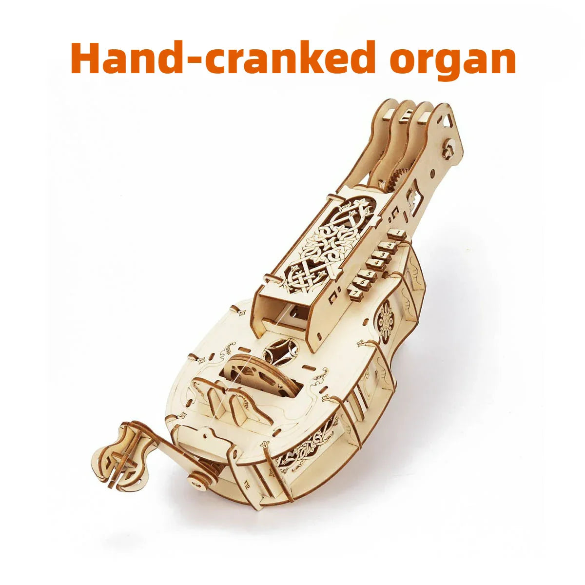 Hand-cranked organ musical instrument made of light-colored wood with intricate patterns in a wooden mechanical transmission assembly toy handcrafted