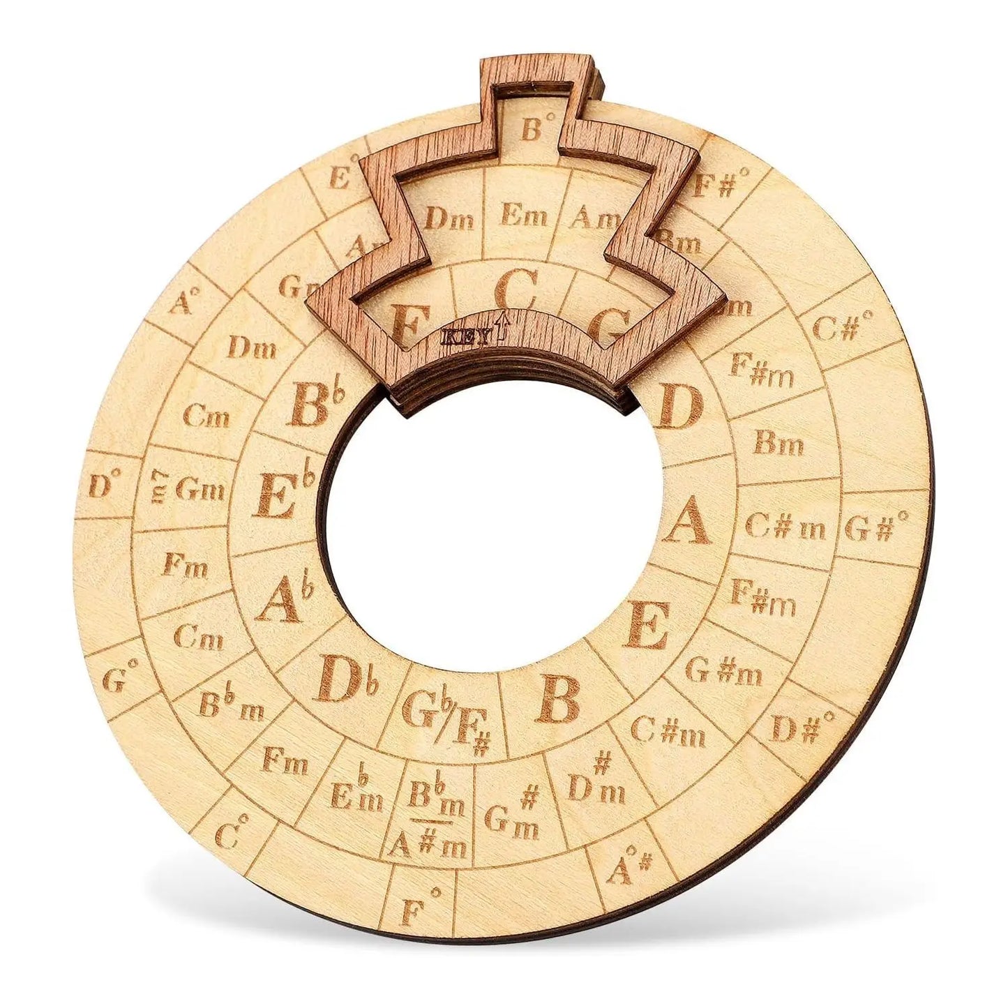 Light-colored wooden circular fifths wheel melody chord tool with crown-shaped top for tool music transpose use