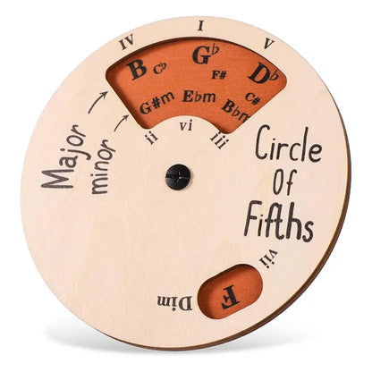 Light-colored wooden circle of fifths wheel melody chord tool with engraved black text and orange cutout for tool music transpose
