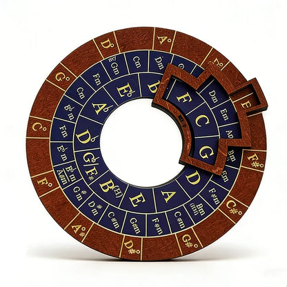 Brown wooden circular fifths wheel melody with navy blue segments and gold lettering for music transpose tool