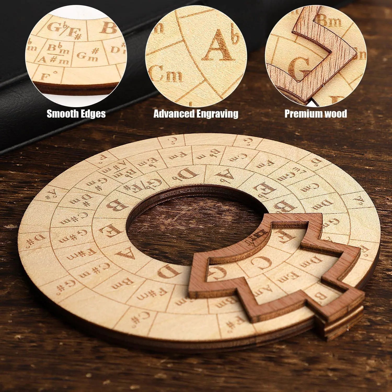 Circular wooden fifths wheel melody in light wood tone with engraved notes for use as a melody chord tool music transpose