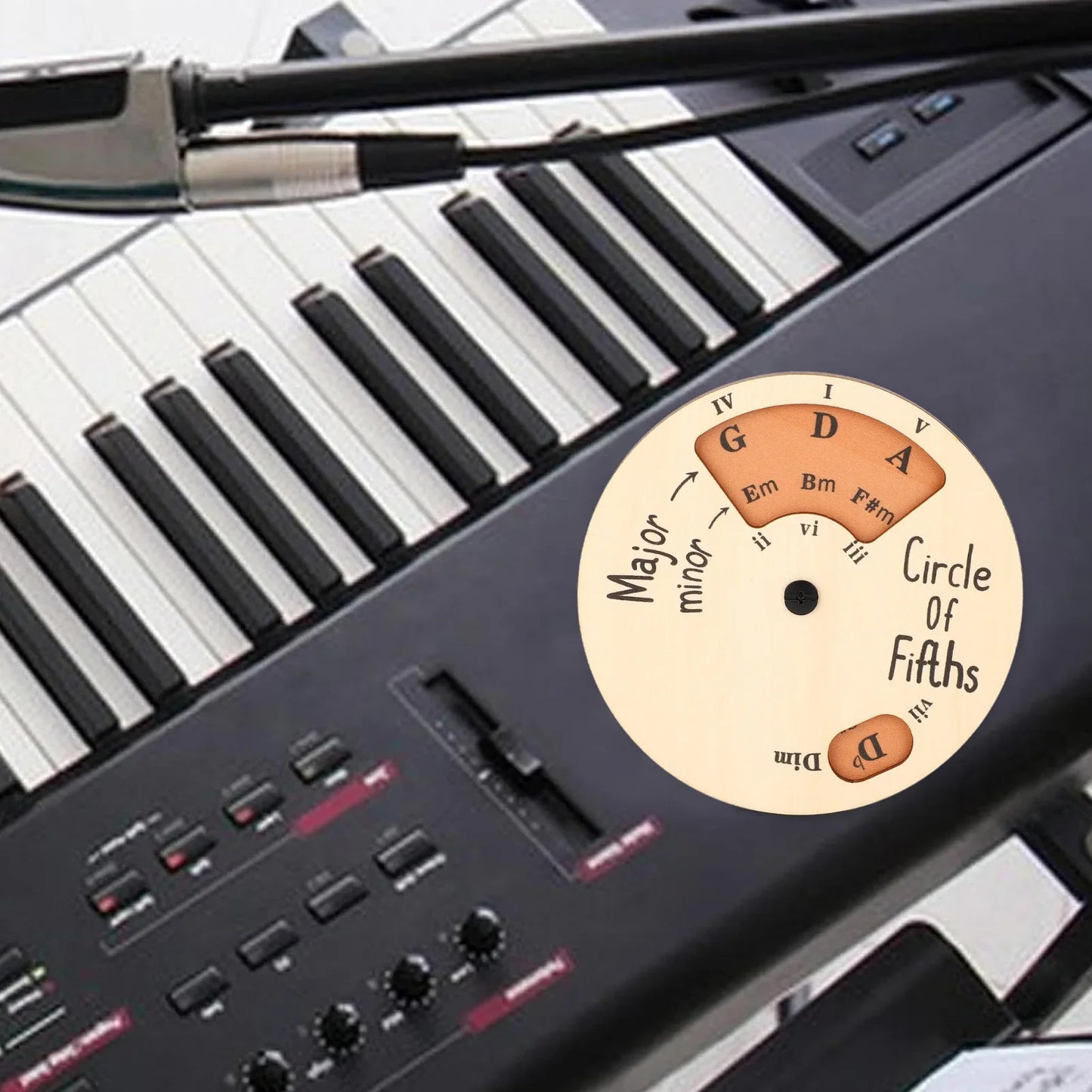 Beige wooden melody tool circle of fifths chart with black text and orange accents for guitar musicians