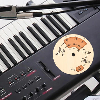 Beige wooden melody tool circle of fifths chart with black text and orange accents for guitar musicians