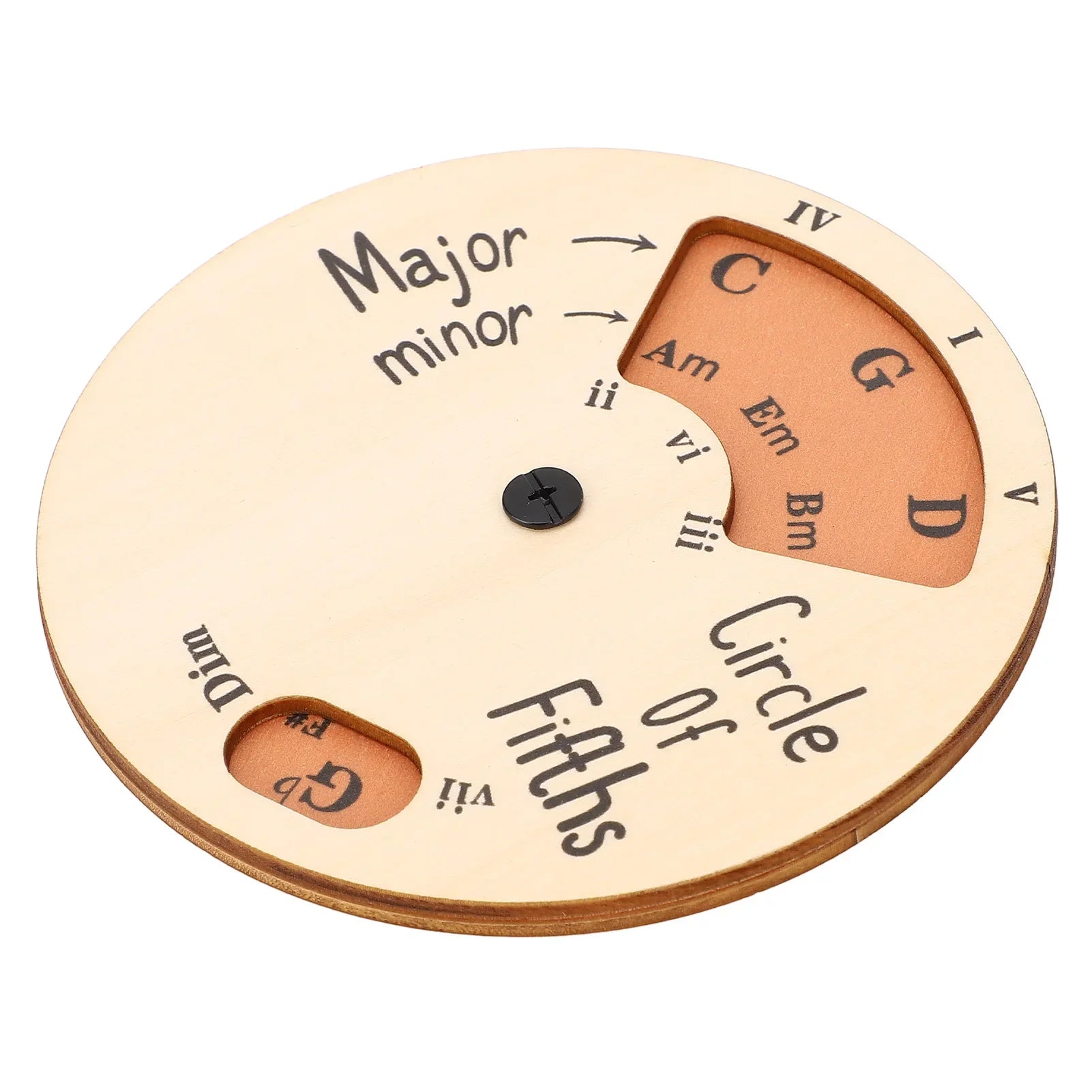 Beige wooden melody tool circle of fifths wheel with engraved labels and central pivot for musicians and guitar chords