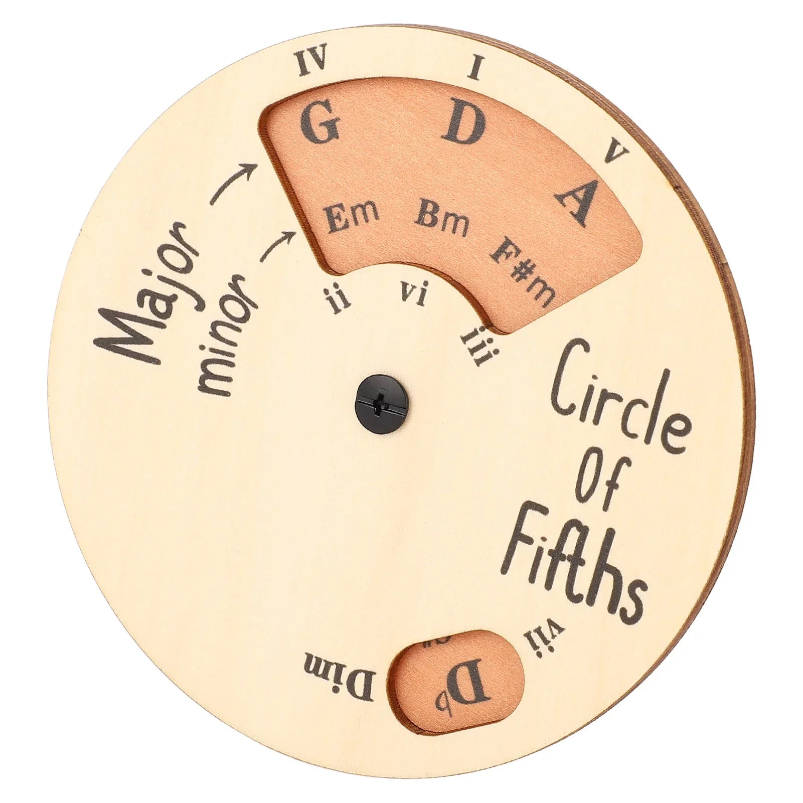 Beige wooden melody tool circle of fifths with tan leather accents and engraved chord symbols for musicians