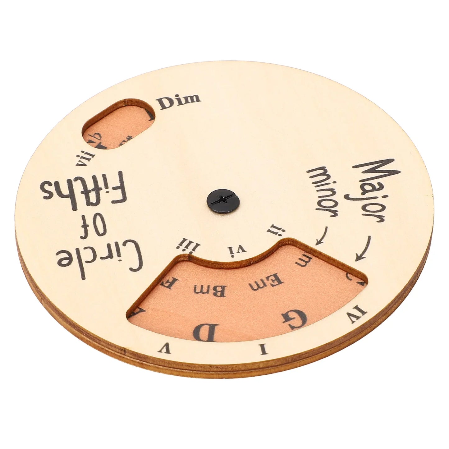 Light-colored wooden melody tool circle of fifths wheel with engraved chords and roman numerals for musicians