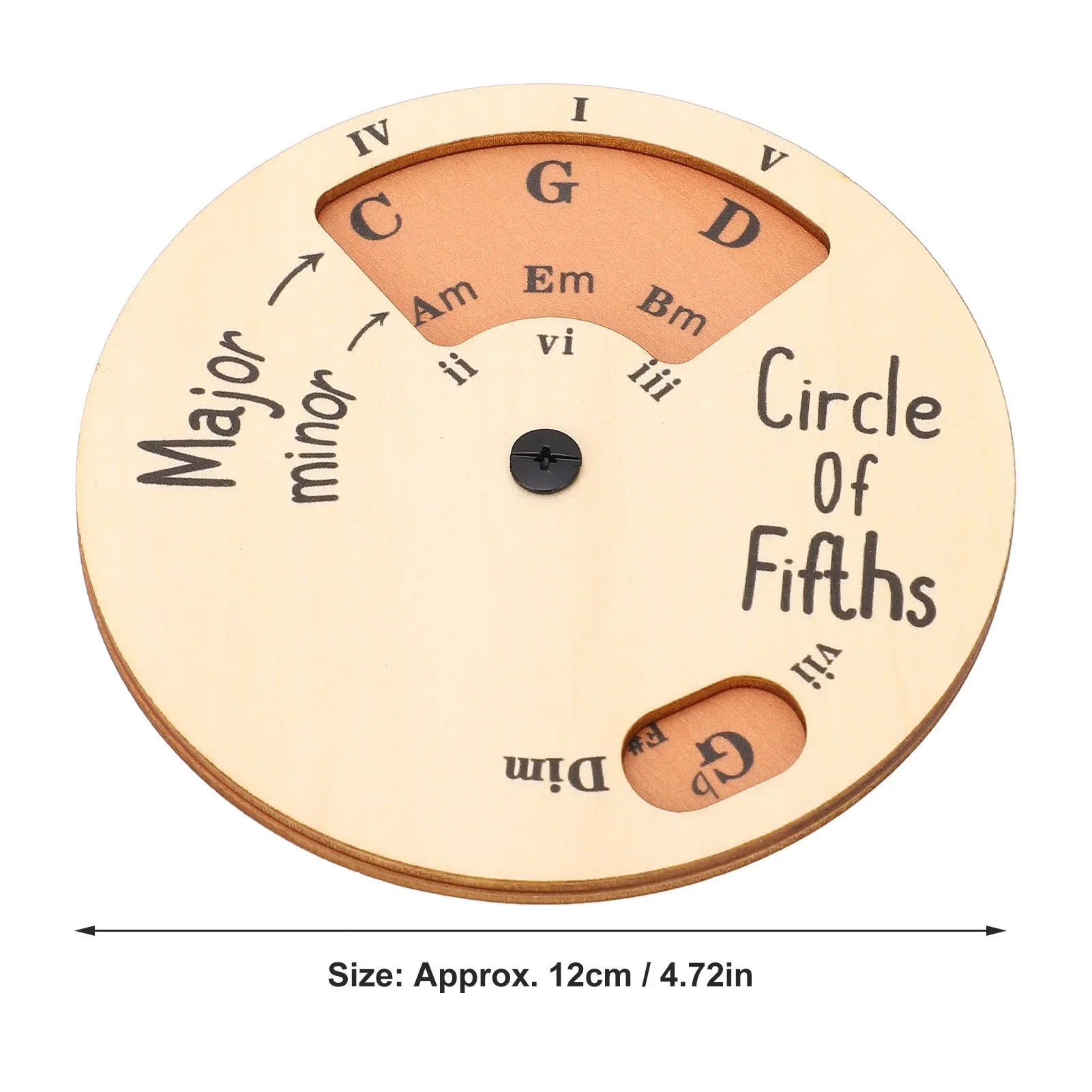 Light-colored wooden melody tool circle of fifths disc with engraved notes and chord symbols for musicians
