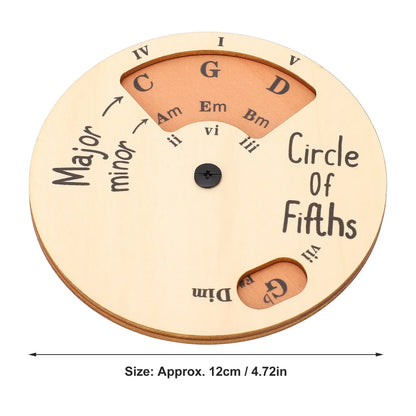 Light-colored wooden melody tool circle of fifths disc with engraved notes and chord symbols for musicians