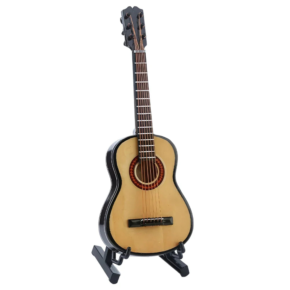 Wooden miniature guitar with light wood body black neck and red inlay guitar replica musical ornaments craft on stand