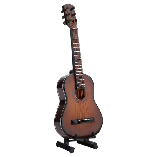 Wooden miniature guitar with glossy sunburst finish and black hardware standing on a black stand for musical ornaments craft